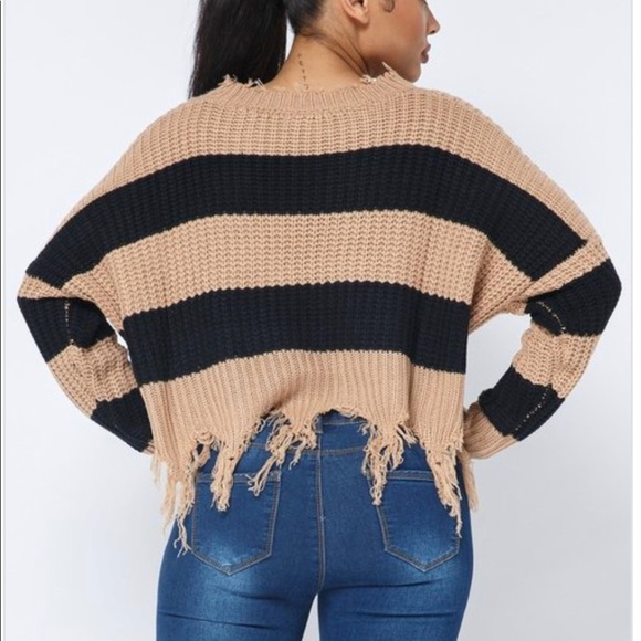 WOMEN’S MOCHA BLACK FRAYED FRINGED COLOR BLOCK CROPPED DISTRESSED SWEATER TOP - Picture 4 of 9